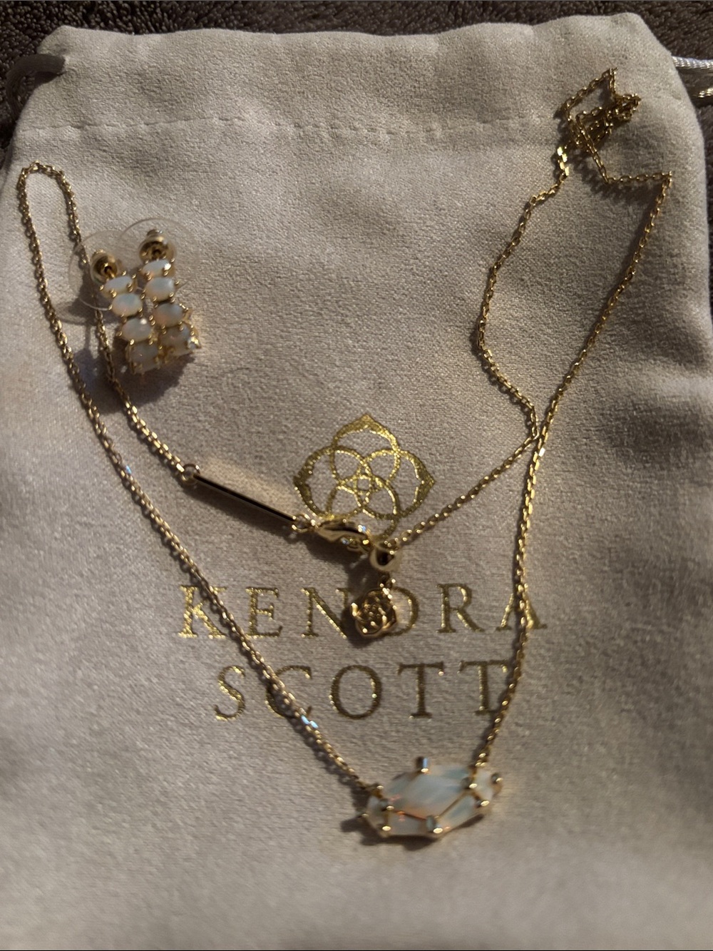 Kendra Scott Gold Necklace and Stud Earrings with Opal-White Stones